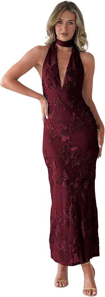 Raseal Floral Halter Bridesmaid Dress Jacquard Midi Mermaid Party Dress for Women RS340 | Amazon (US)