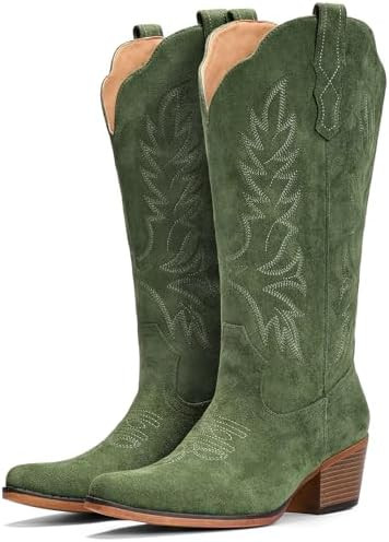 IUV Suede Cowboy Boots for Women Mid Calf Cowgirl Boots with Embroidered, Retro Snip Toe Chunky H... | Amazon (US)