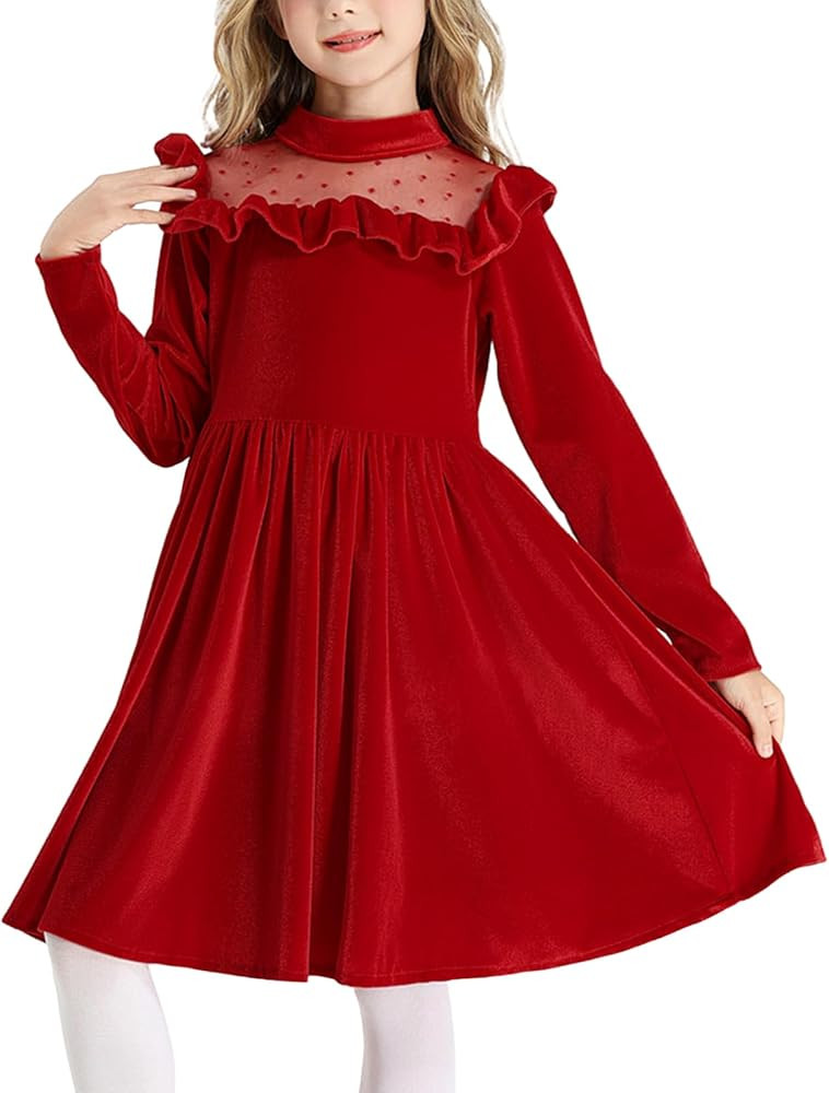 Happy Cherry Girls Christmas Velvet Dress Vintage Elegant Long Sleeve Party Dress with Lace Trim ... | Amazon (US)