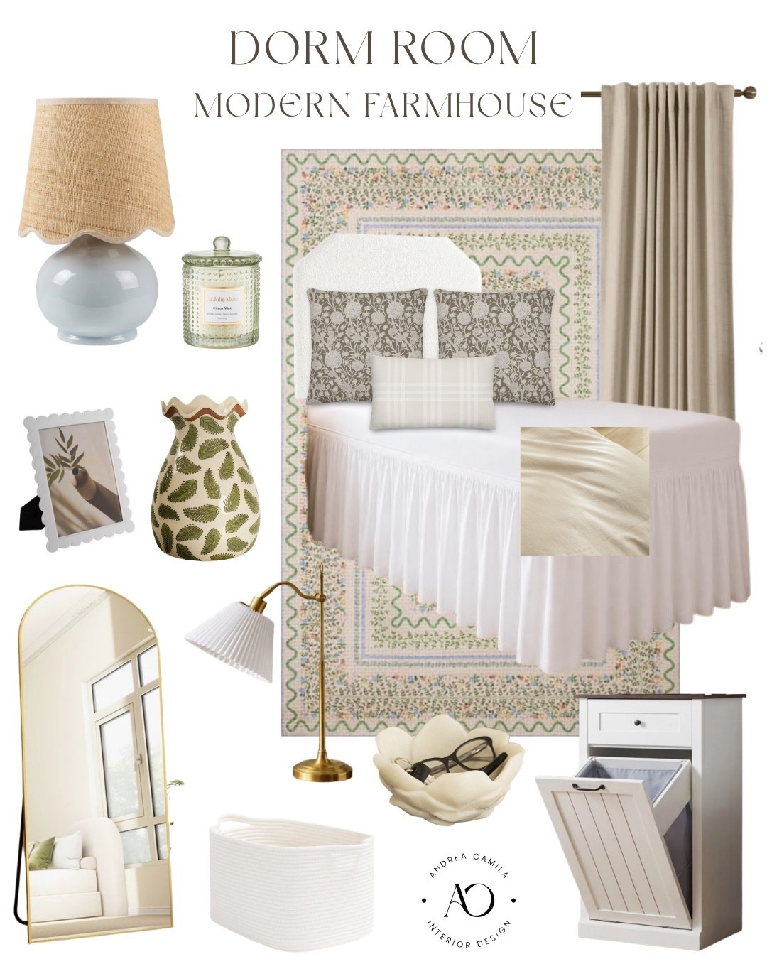 Affordable dorm decor. Modern farmhouse design style. Blackout linen curtains, dorm bed skirt twin XL with split corners. Woven storage basket for shelves. Cotton linen solid duvet cover set. Dorm headboard with legs. Light green sage glass textured candle. Desk lamp. Light blue nightstand lamp. Decorative pencil holder. Cute picture frame. Decorative bowl. Arched full length body mirror. Tilt out laundry hamper cabinet with drawer. Storage for bathroom. Machine washable rugs.

#LTKHome #LTKSeasonal #LTKSaleAlert