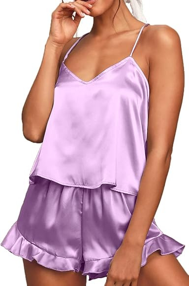 CHYRII Women's Sexy Silk Satin Ruffled Pajamas Sets Cami Shorts Sets Sleepwear | Amazon (US)