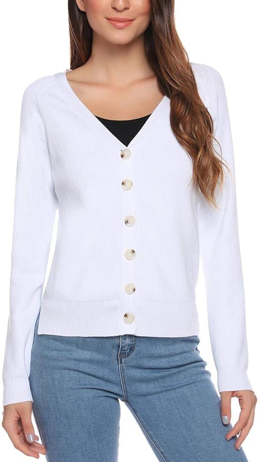 Akalnny Women Classic V Neck Long Sleeve Button Down Soft Knit Cardigan Sweaters | Amazon (US)