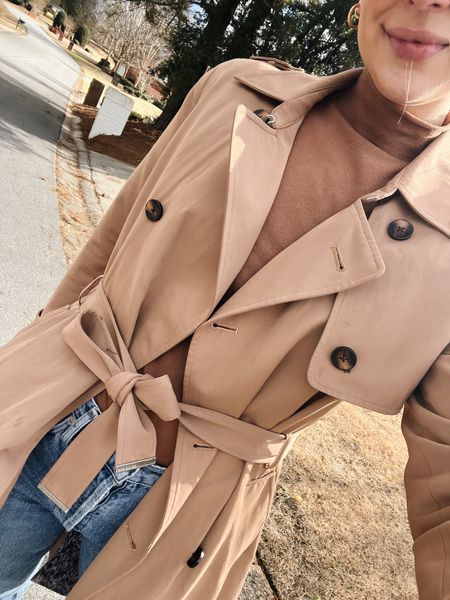 Classic trench, brown rolled mock neck top, classic denim