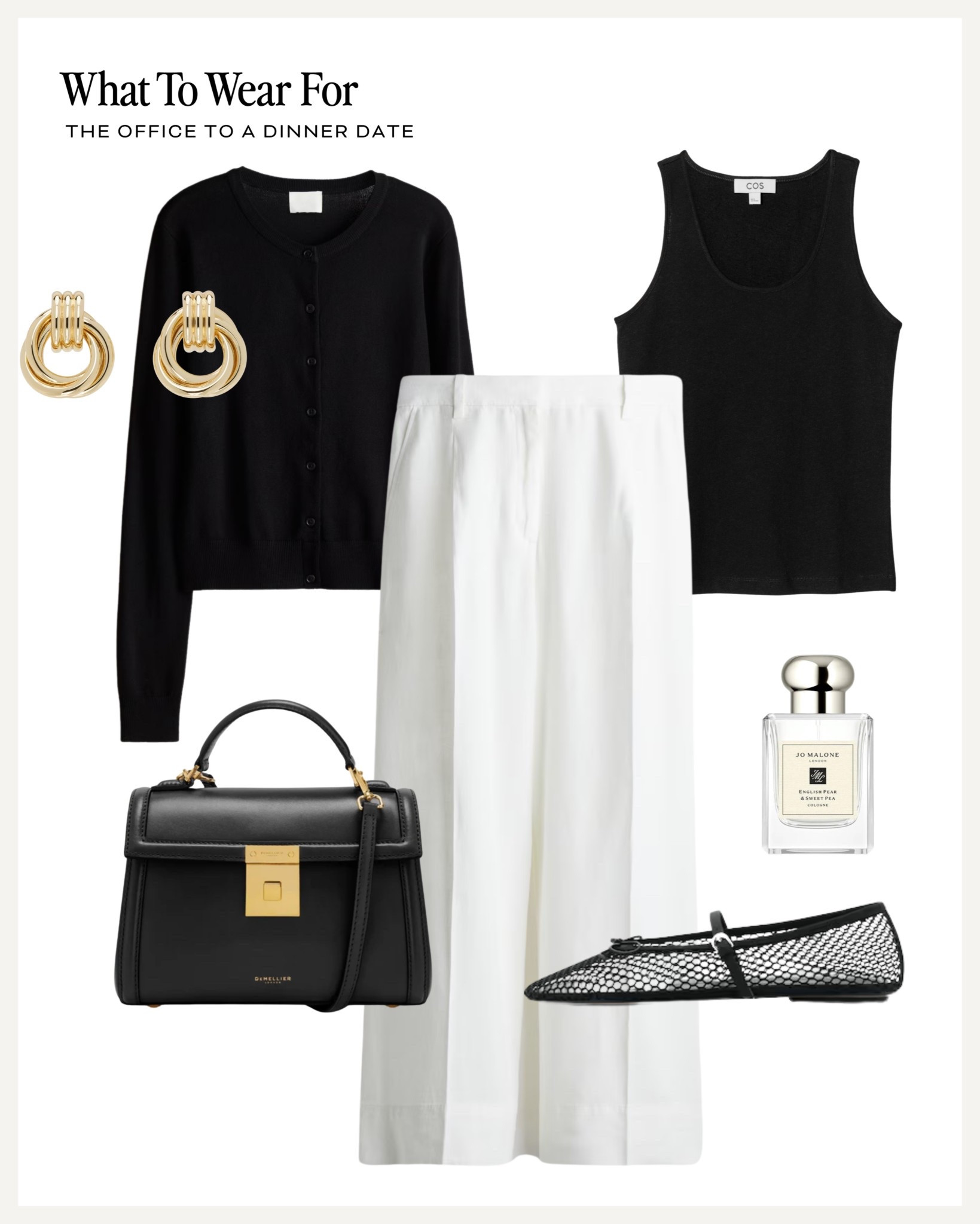 From the office to dinner 🍸 

White trousers / workwear / date night / demellier tote handle bag / mesh flats / monochrome style 

#LTKstyletip #LTKsummer #LTKuk