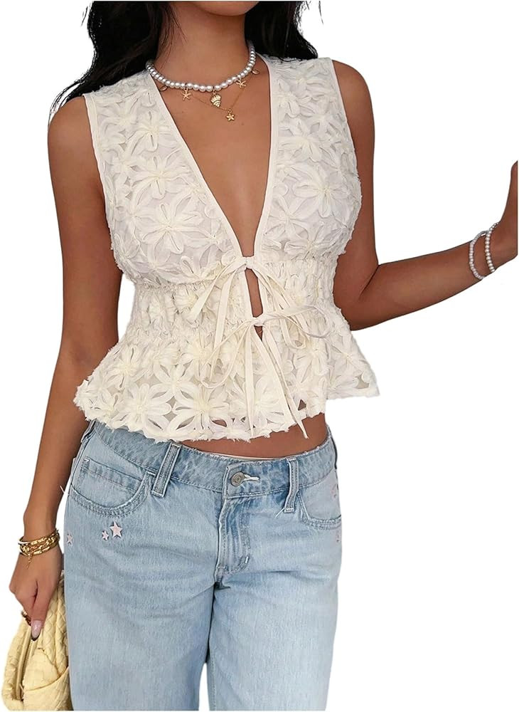 SOLY HUX Women's Deep V Neck Tie Front Blouse Floral Sleeveless Peplum Ruffle Hem Shirt Tops | Amazon (US)