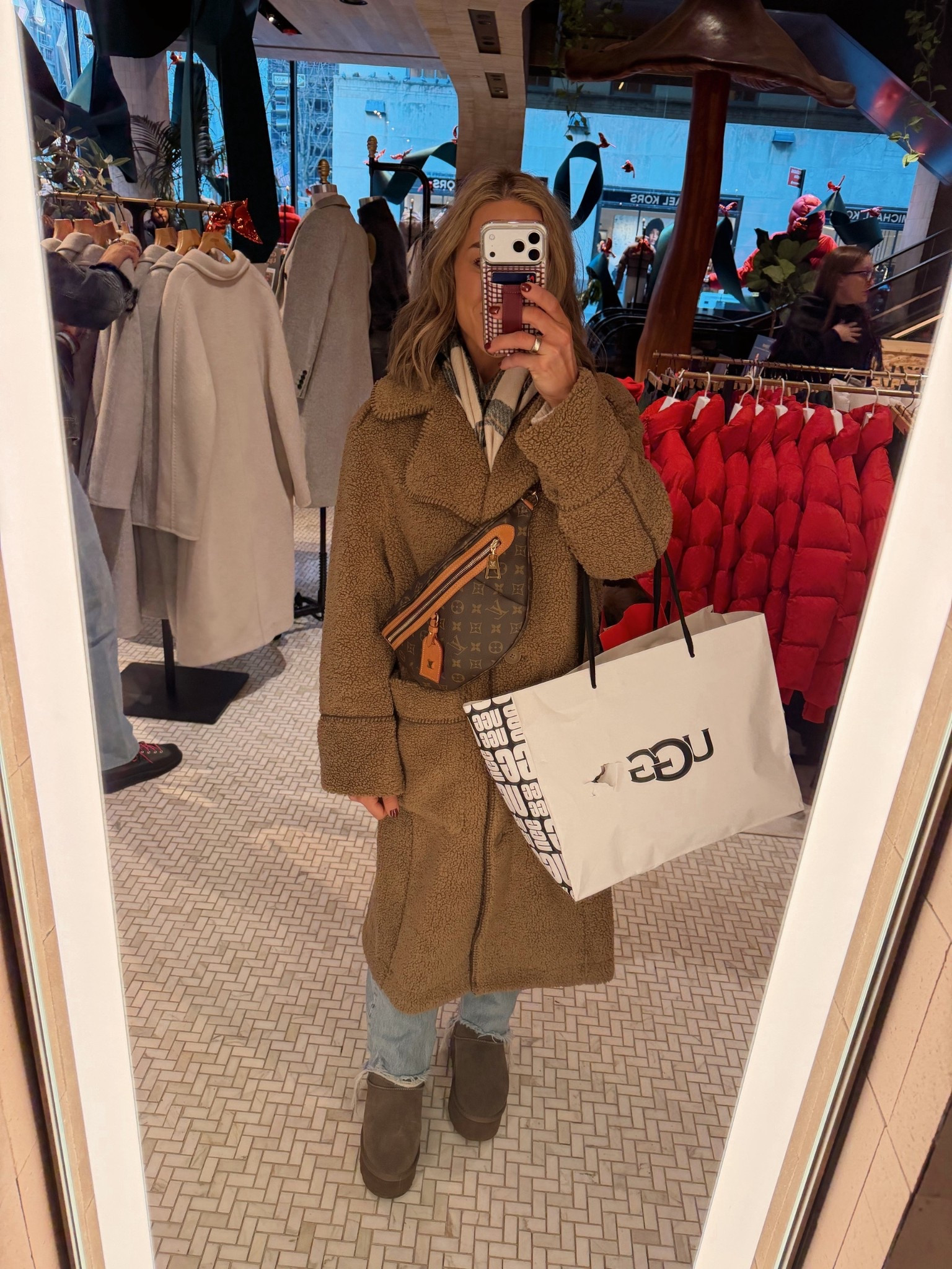 Yesterdays OOTD❄️🎄📍🌆 in a S in this jacket! I haven’t purchased a nicer long coat in years so it was time! SO COZY & WARM!!!! Love the massive front pockets and teddy bear feel🧸 my slip on platforms are Amazon cushionaire!  

Ugg coat / nyc outfit / holiday style / travel / Holley Gabrielle / Amazon 