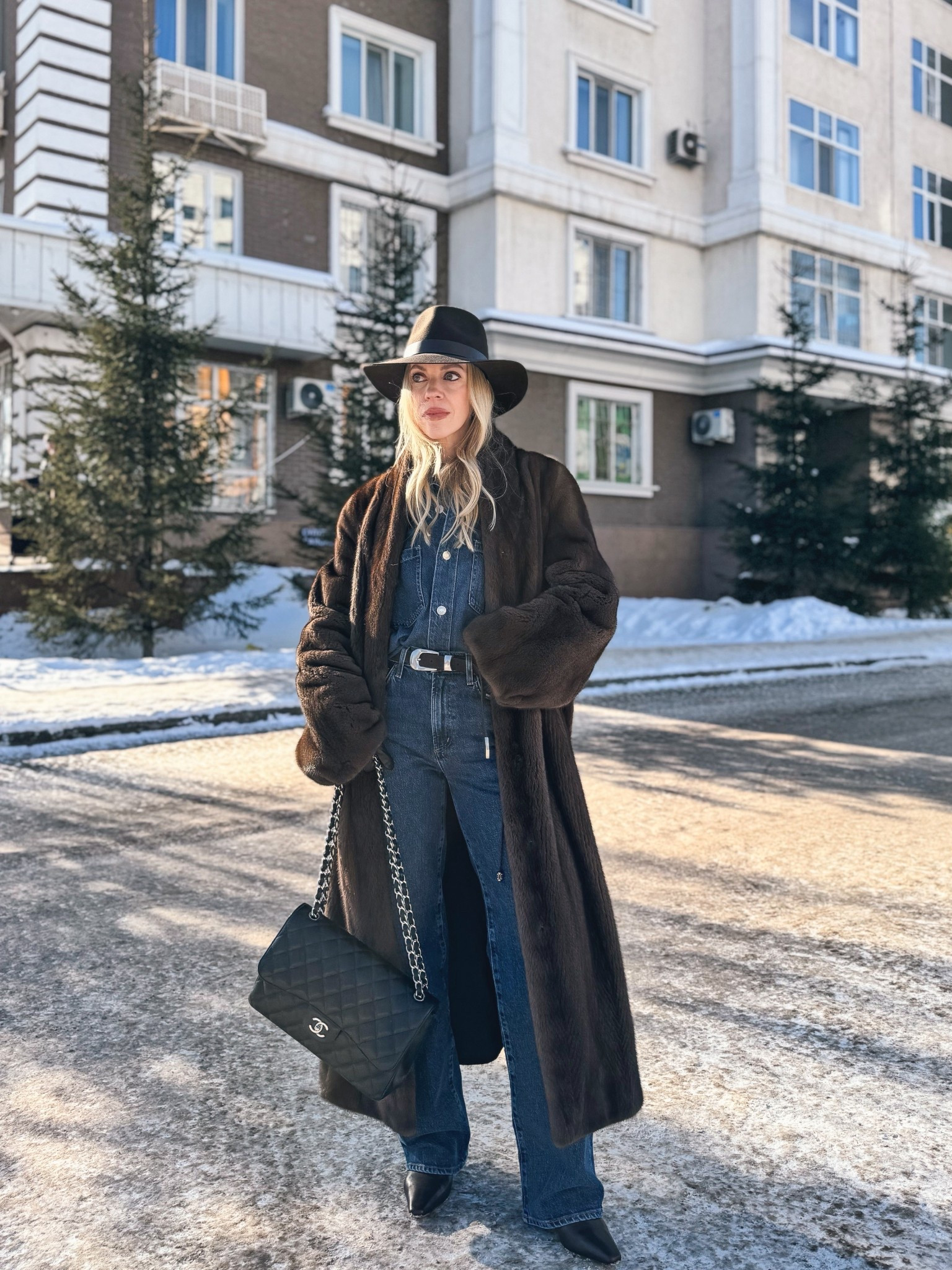Brown fur coat, denim on denim outfit, all denim outfit, @Shopbop dark wash jeans, @Janessa Leone chocolate brown wool hat, fur coat with jeans outfit idea 

#LTKSeasonal #LTKOver40 #LTKSaleAlert