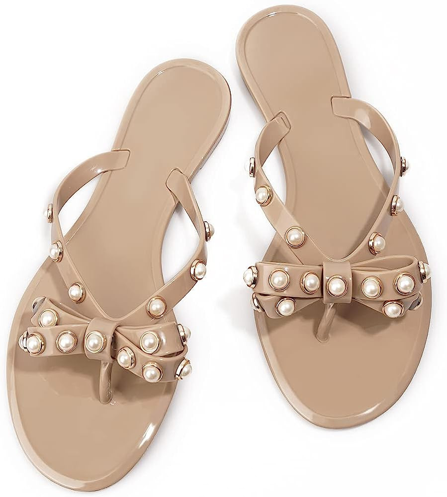 TYFLOVE Women Rivet Flip Flops Studded Jelly Thong Sandals with Bow Summer Bowtie Flat Beach Rain... | Amazon (US)