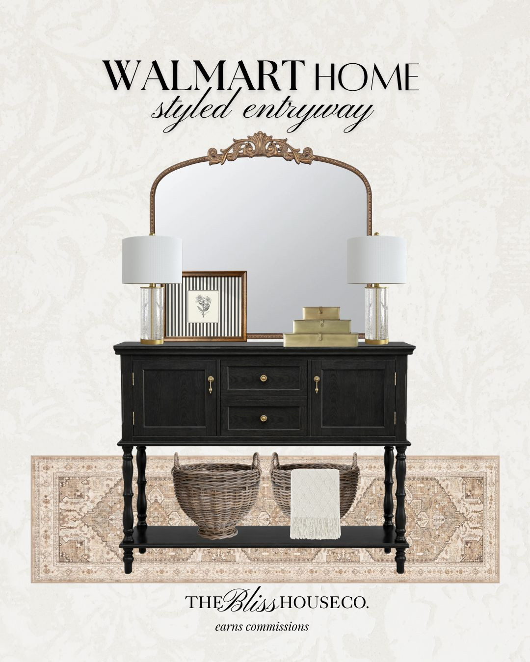 Walmart Home styled entryway. 🤍 A timeless console, vintage-inspired mirror, warm brass accents and woven textures to create a welcoming first impression. All affordable finds!

Walmart entryway decor, black console table, vintage style gold mirror, traditional entryway styling, neutral runner rug, brass table lamps, woven storage baskets, classic foyer decor ideas, timeless traditional home, layered neutral interiors, affordable home styling, designer look for less entryway, curated welcoming entry decor. 

 #LTKHome
