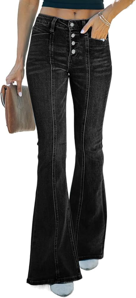Sidefeel Women's High Waisted Jeans Wide Leg Button Fly Bell Bottoms Flared Zimbaplatinum Denim P... | Amazon (US)