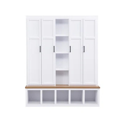 Farmhouse 4-In-1 Hall Tree With 6 Hanging Hooks, Mudroom Wood Grain Bench With Open Compartments, Entryway Shoe Cabinet With Seating Bench For Living | Wayfair North America