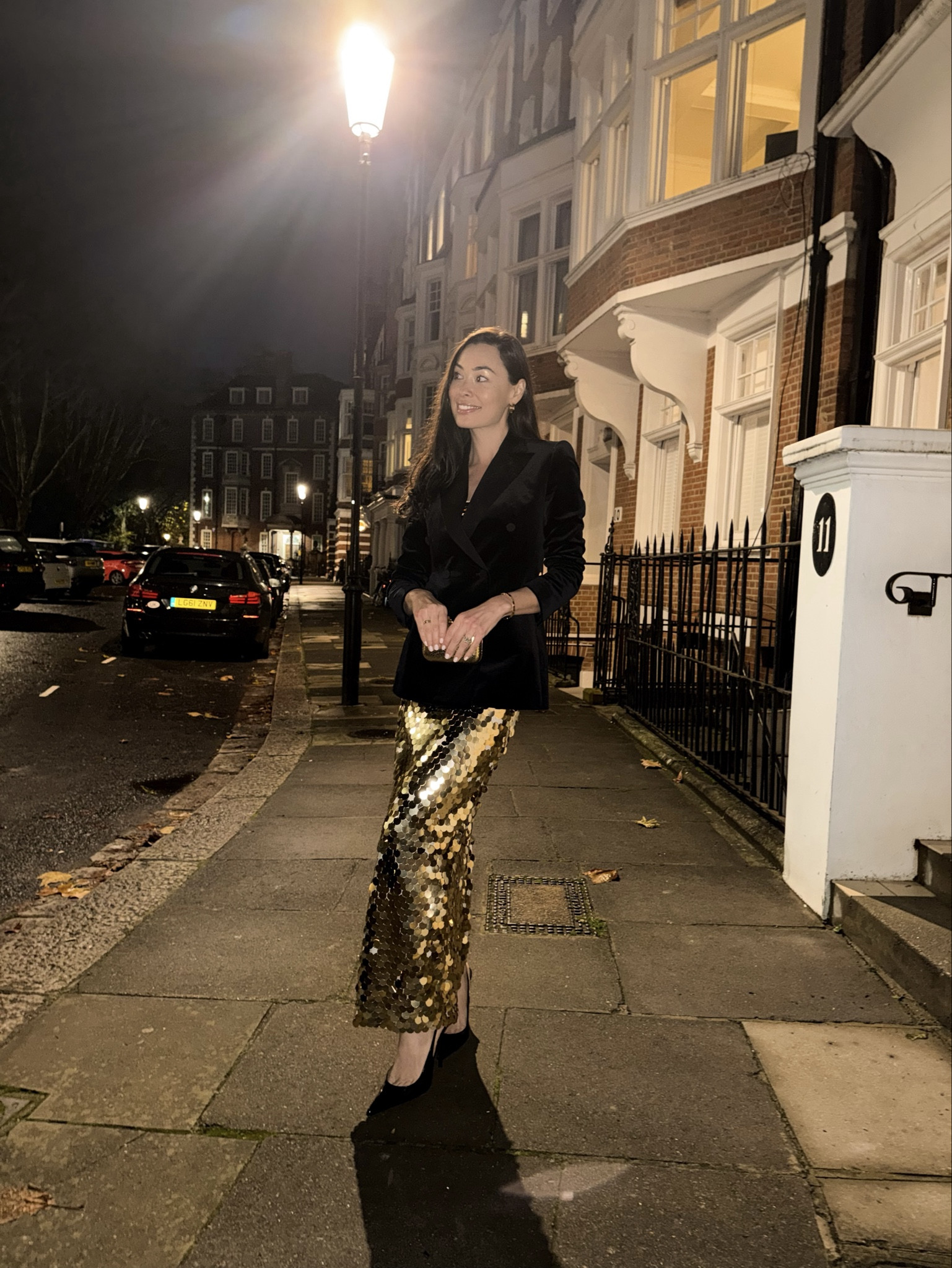 Holiday outfit, velvet blazer, gold sequin dress, black pump. 

#LTKSeasonal #LTKHoliday #LTKootd