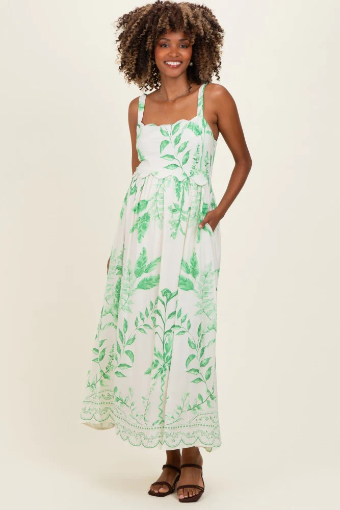 Green Printed Scallop Detail Sleeveless Maternity Midi Dress | PinkBlush Maternity