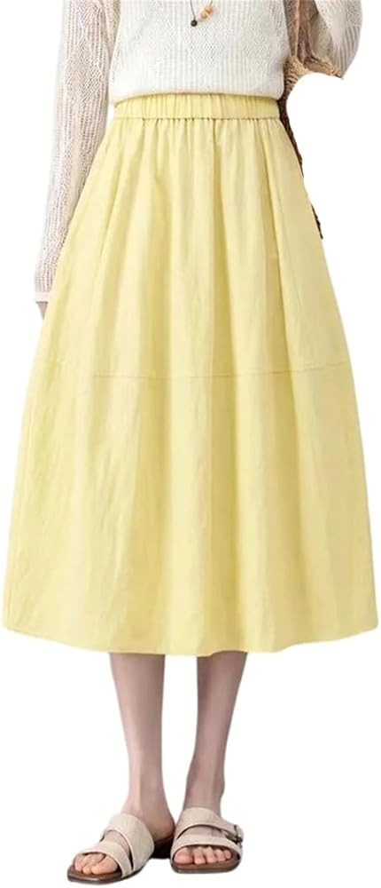 ERFMFKL Solid Color A-Line Midi Skirt for Women Elastic Waist Pleated Casual Straight Skirts at Amazon Women\u2019s Clothing store | Amazon (US)