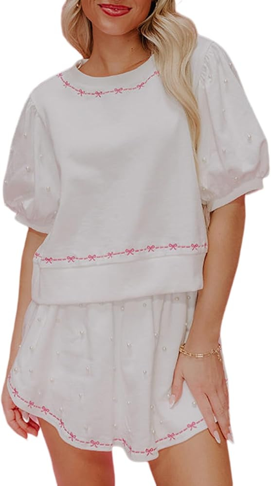 Melliflo Womens Summer Two Piece Outfits Contrast Bow Trim Pearl Puff Sleeve Blouse and Casual Lo... | Amazon (US)