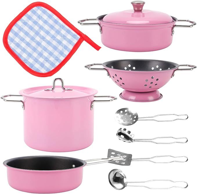Liberty Imports Kids Play Kitchen Toys Pretend Cooking Pink Stainless Steel Pots and Pans Metal K... | Amazon (US)