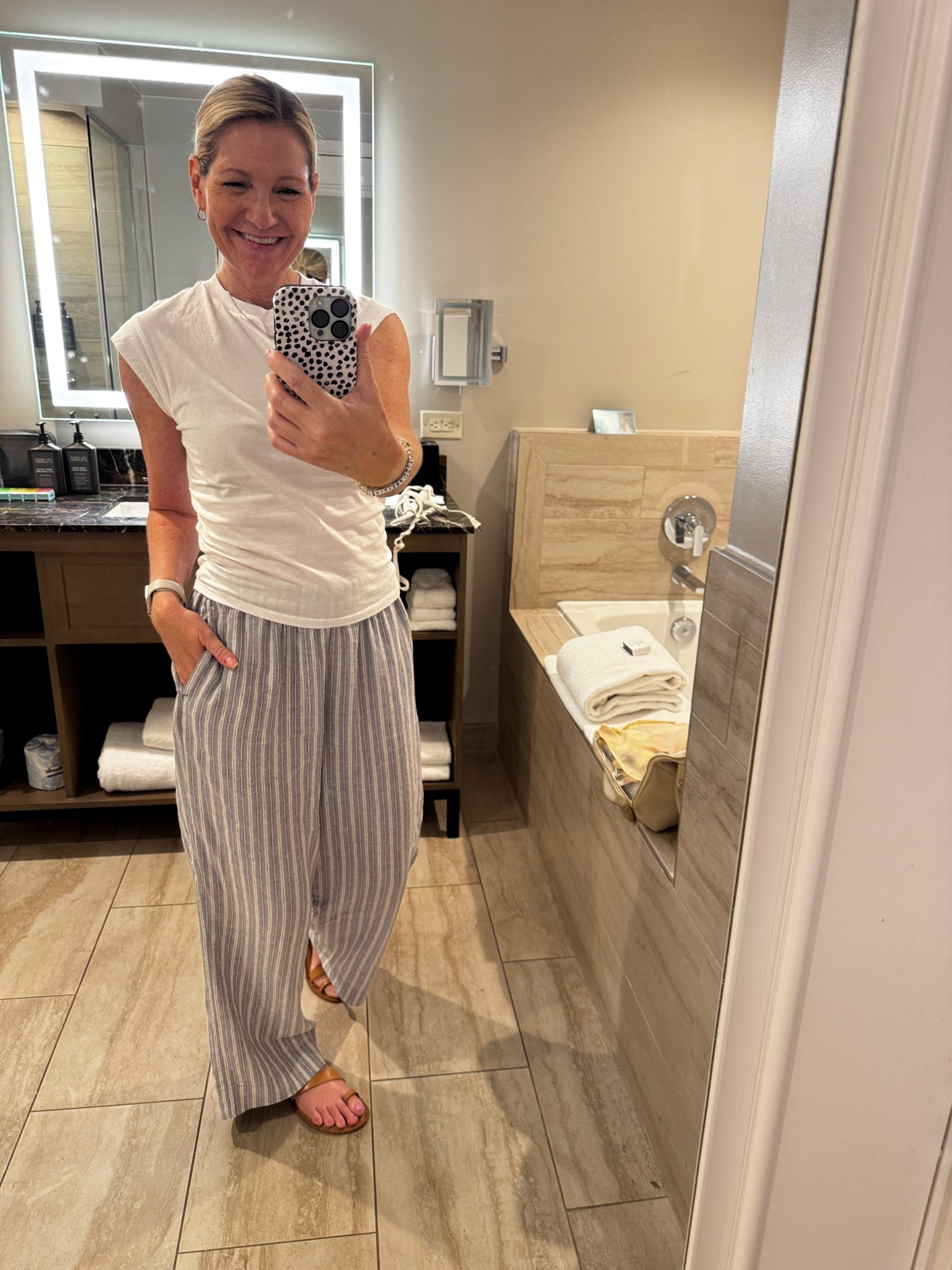 Repeat outfit for a day of travel and work. These Old Navy linen pants are so comfortable and easy to dress up or down. My white tee has cinched sides and comes in multiple color options. 

#LTKSaleAlert #LTKSeasonal #LTKootd