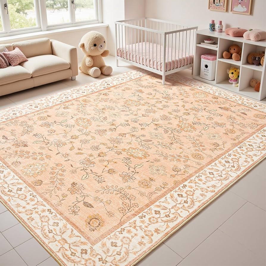 Peach Nursery Rug, 6x9 Floral Washable Area Rug Non Slip, Boho Low Pile Carpet with Rubber Backin... | Amazon (US)