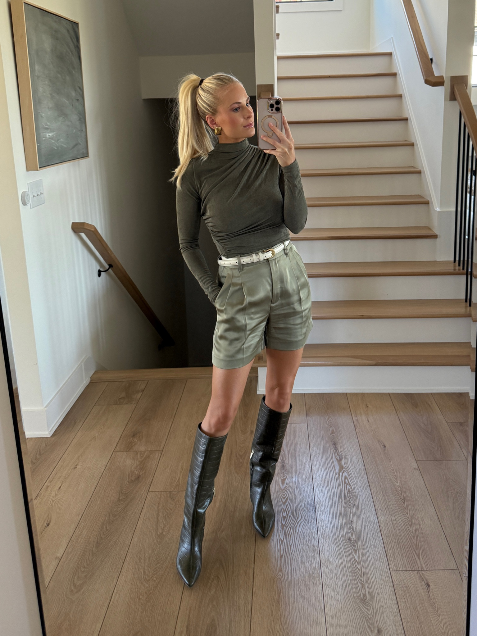 Baby shower outfit, fall outfit: Size small in top, size 4 in shorts, boots are from Nordstrom anniversary sale and sold out now! Linked similar!
