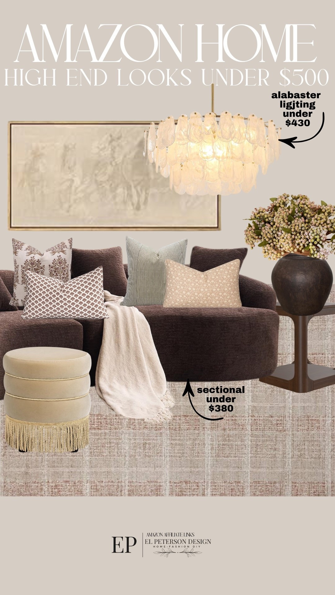 Amazon Home
Chandelier 
Vase
Stem
Accent Table
Ottoman
Sectional
Threw pillows
Artwork 

#LTKHome