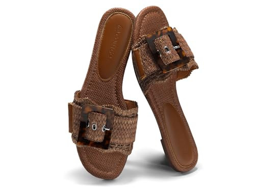 Coutgo Womens Flat Sandals Raffia Slip On Slide Sandal Square Open Toe Buckle Summer Beach Shoes Flats, Brown, Size 6.5 | Amazon (US)