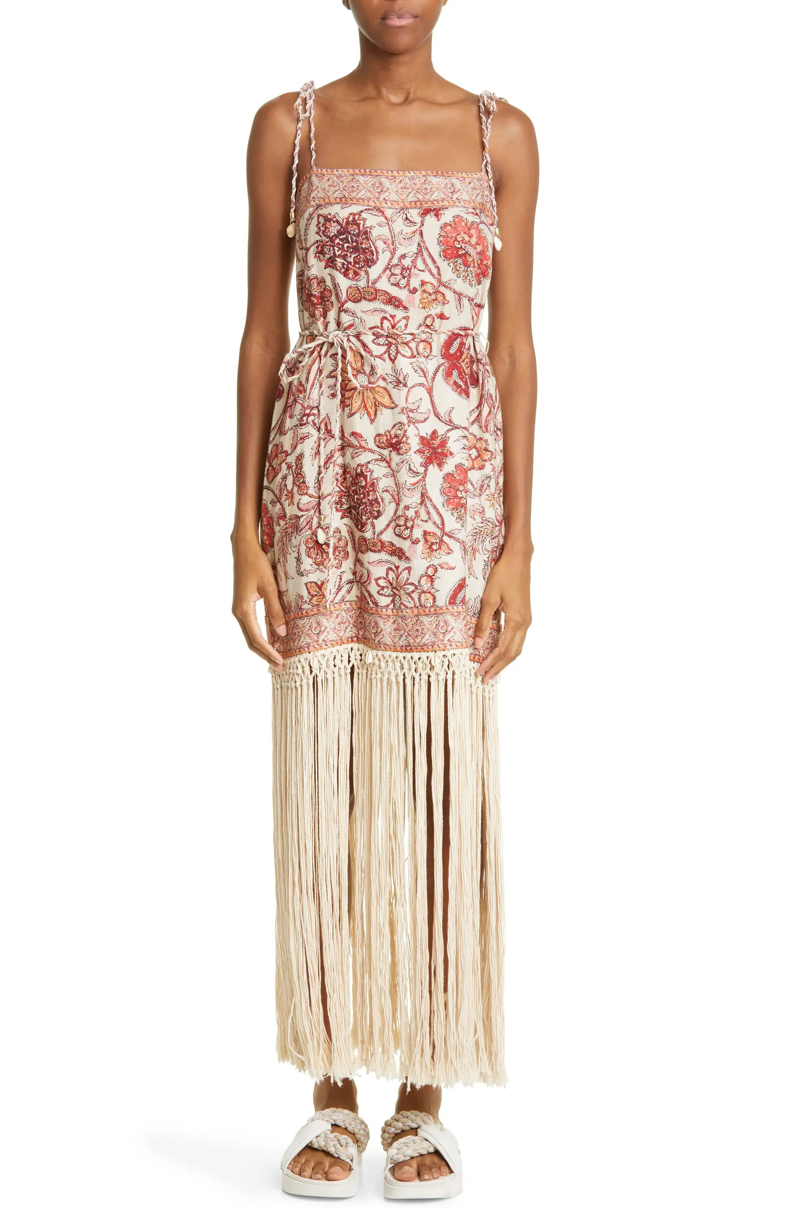 Vitali Paisley Print Tie Waist Fringe Linen Dress | Nordstrom