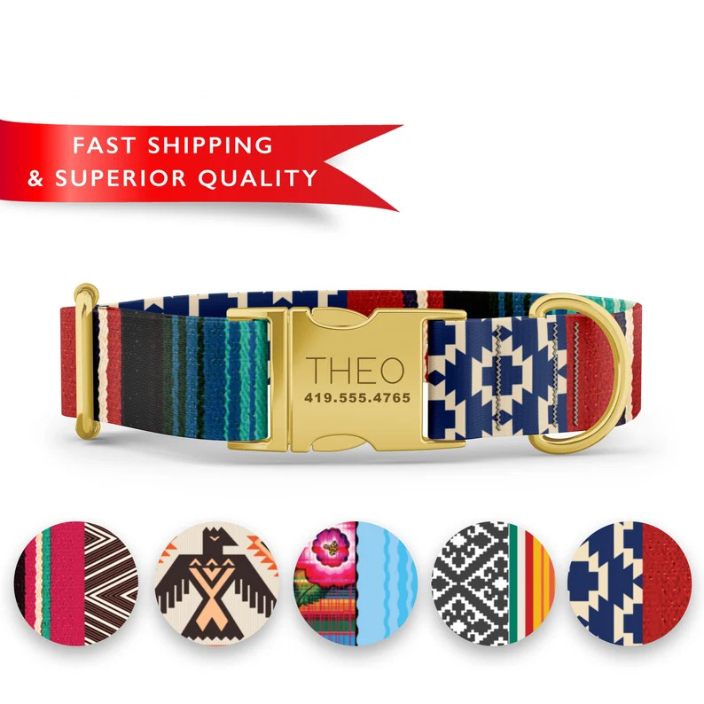 Mexican Serape Personalized Dog Collars, Custom Boy Dog Collars With Name, Hippie Boho Dog Collar... | Etsy (US)