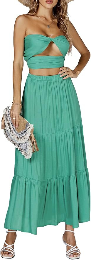 LYANER Women's 2 Piece Outfits Dress Twist Cut Out Tube Crop Top and Ruffle Maxi Skirt Set | Amazon (US)
