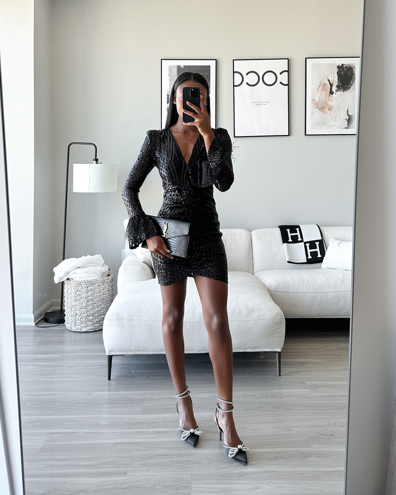 Holiday party dress, NYE dress, sequin dress, YSL clutch, sparkly heels, feather dress, black dress 

#LTKHoliday #LTKshoecrush #LTKunder100