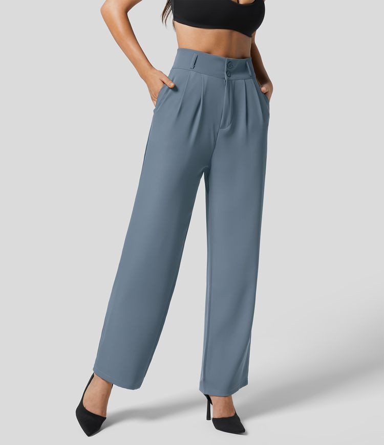 High Waisted Button Zipper Plicated Side Pocket Shirred Straight Leg Work Suit Pants | HALARA