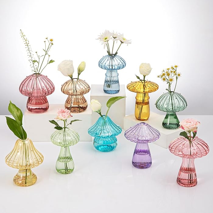 Mushroom Glass Vases for Indoor Plants, Set of 10 Colored Plant Propagation Stations, Cute Mini T... | Amazon (US)