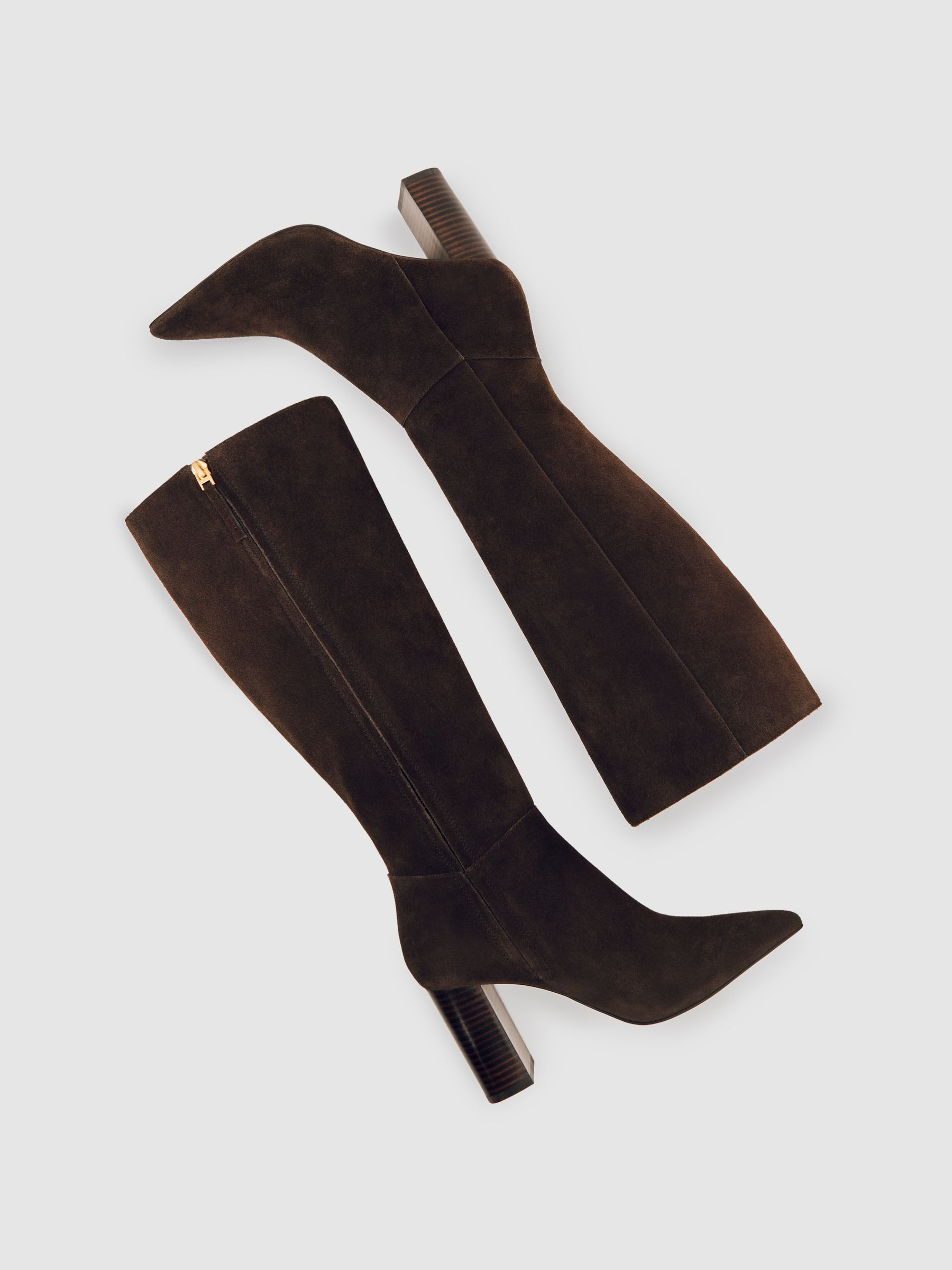 Block-Heel Knee-High Boots in Chocolate | Reiss UK