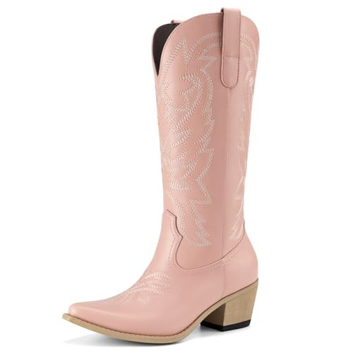 Athlefit Cowboy Cowgirl Boots for Women Fashion Low Chunky Heel Snip Toe Embroidery Western Mid Calf Boots Pink Size 5.5 | Amazon (US)