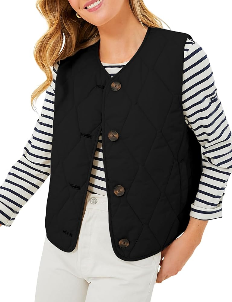 Tanming Womens Cropped Puffer Vest Button Down Sleeveless Quilted Jackets Warm Padded Gilet with ... | Amazon (US)