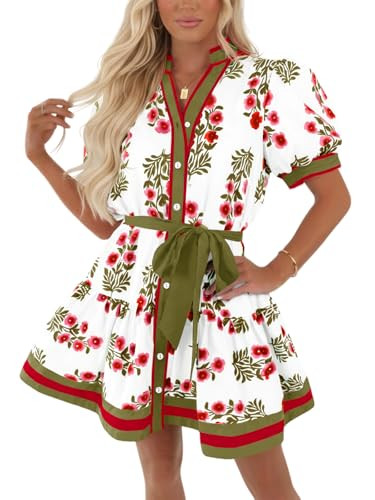 Wenrine Womens Summer Floral Mini Dress Puff Short Sleeve V Neck Button Down Casual Loose Boho Be... | Amazon (US)