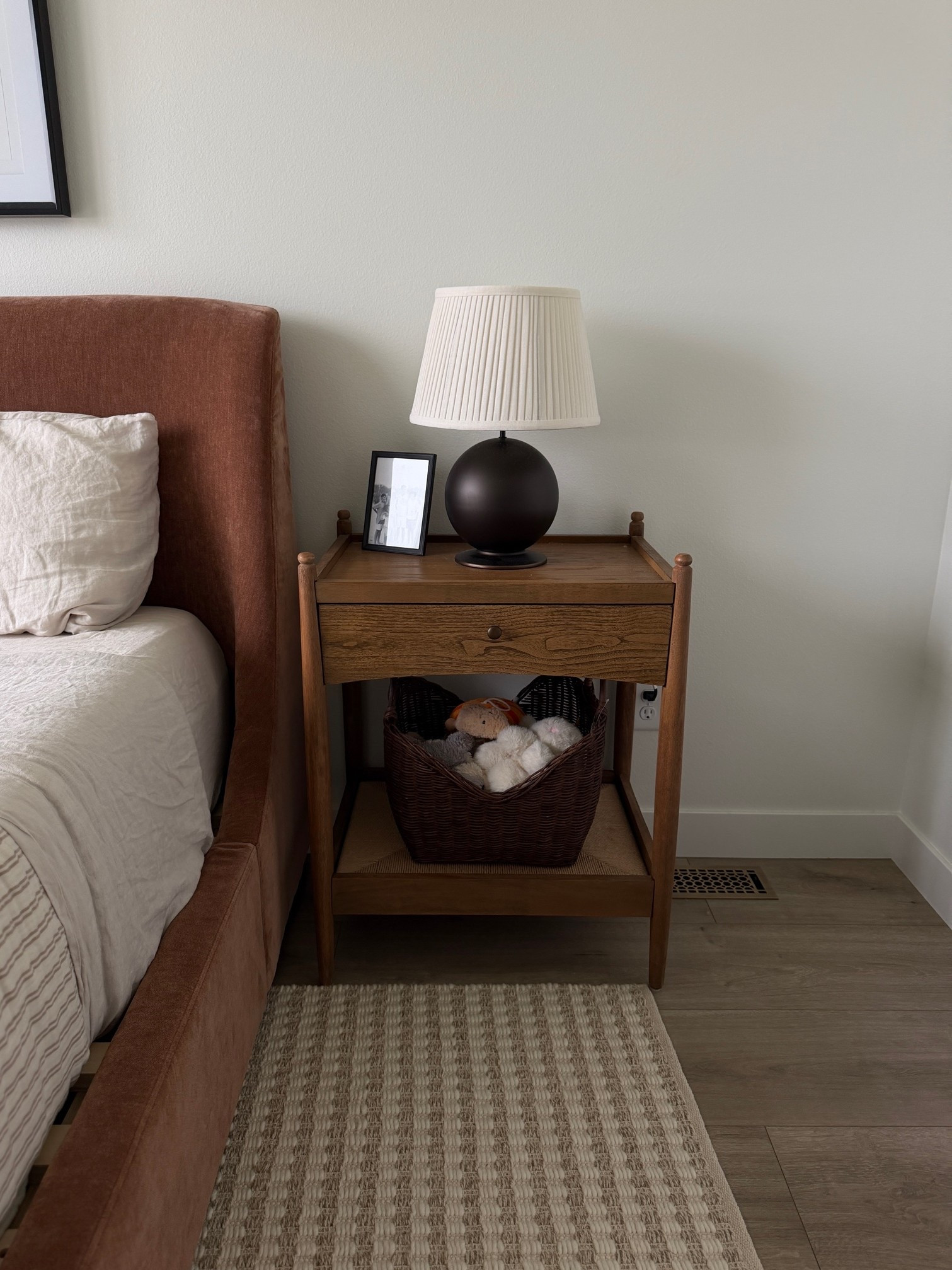 Bar cart turned nightstand! We popped the wheels off and it turned out to be the perfect height for a nightstand. Available in a darker finish that is beautiful too! These look like Amber Interiors but the price is 👌

#LTKHome