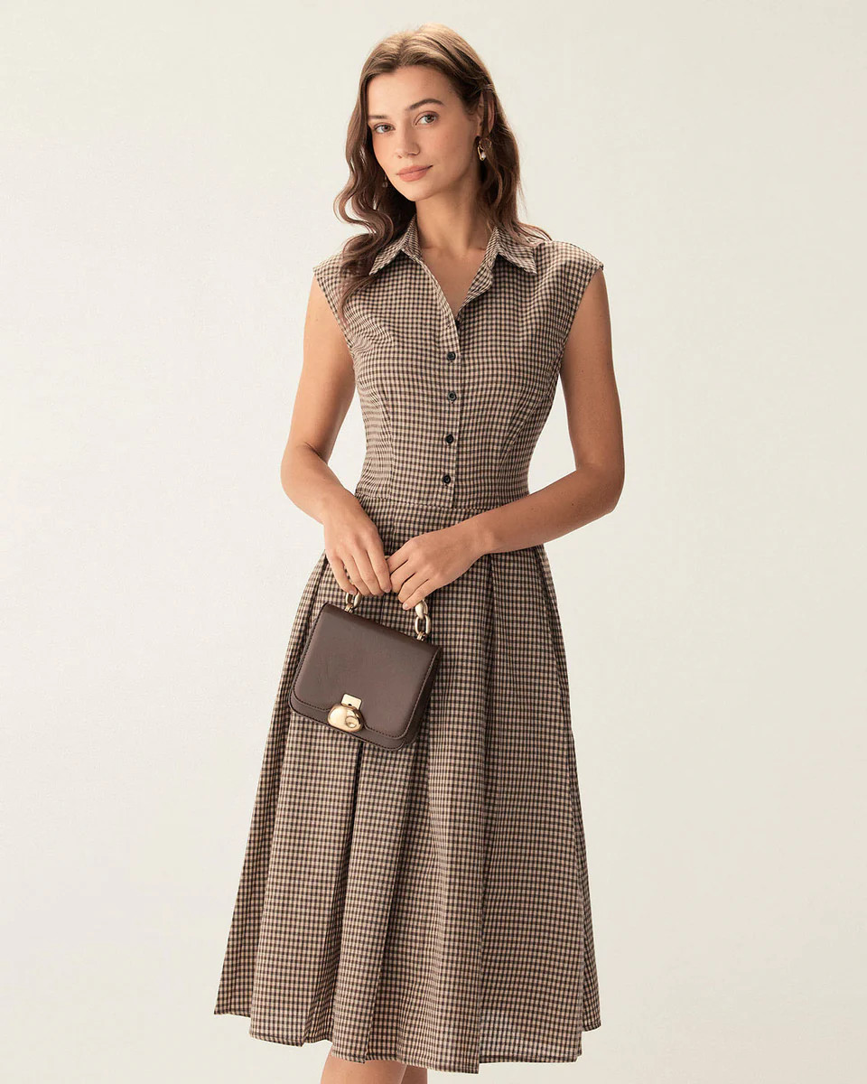 Brown Plaid Button Pleated Midi Dress | rihoas.com