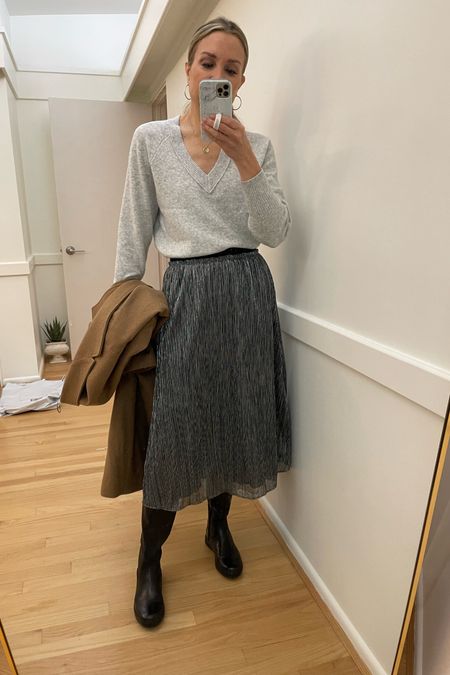 Sunday ootd! Shimmer midi skirt, gray vneck sweater.  Wearing small. 

Loft, winter dress, winter outfit, church outfit, holiday dress, holiday outfit 

#LTKHoliday #LTKunder50 #LTKsalealert