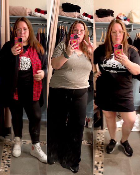 Plus Size Petite Disney Outfits! Jess is 5'2 and typically wears a 16/18/1X! Look one (left) — Jess wore a t-shirt from Etsy (unisex XL), a red plaid button down shirt from Old Navy (XL - linked some similar ones), a pair of faux leather leggings from Spanx (2X), an AirEssentials cardigan from Spanx (2X — don't forget to use our code ASHLEYDXSPANX for a discount on full-price items), and a pair of custom platform converse sneakers. Jess said they were SO incredibly comfortable for walking around the park for her! Look two (middle) — Jess wore a v-neck t-shirt from Walmart (1X), a pair of AirEssential wide leg pants from Spanx (1XP), and a pair of New Balance sneakers. Look three (right) — Jess wore another cute t-shirt from Etsy (XL), a skort from Target (XXL) - accompanied by Megababe Thigh Rescue, and a pair of New Balance sneakers. 

#LTKFind #LTKtravel #LTKcurves