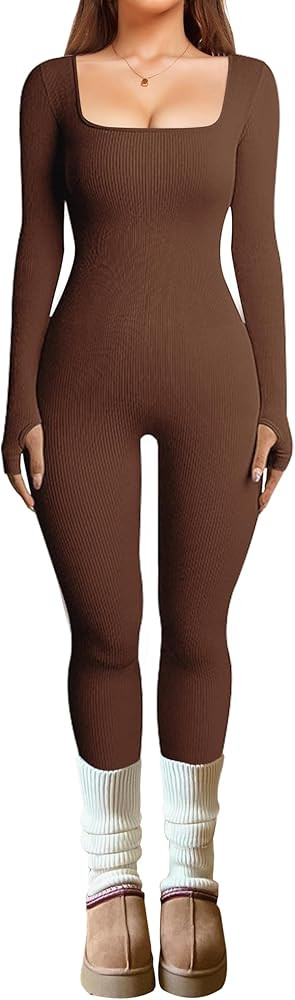 OLCHEE Womens Long Sleeve Workout Jumpsuit Square Neck Ribbed Seamless Yoga Romper Sexy Bodycon T... | Amazon (US)