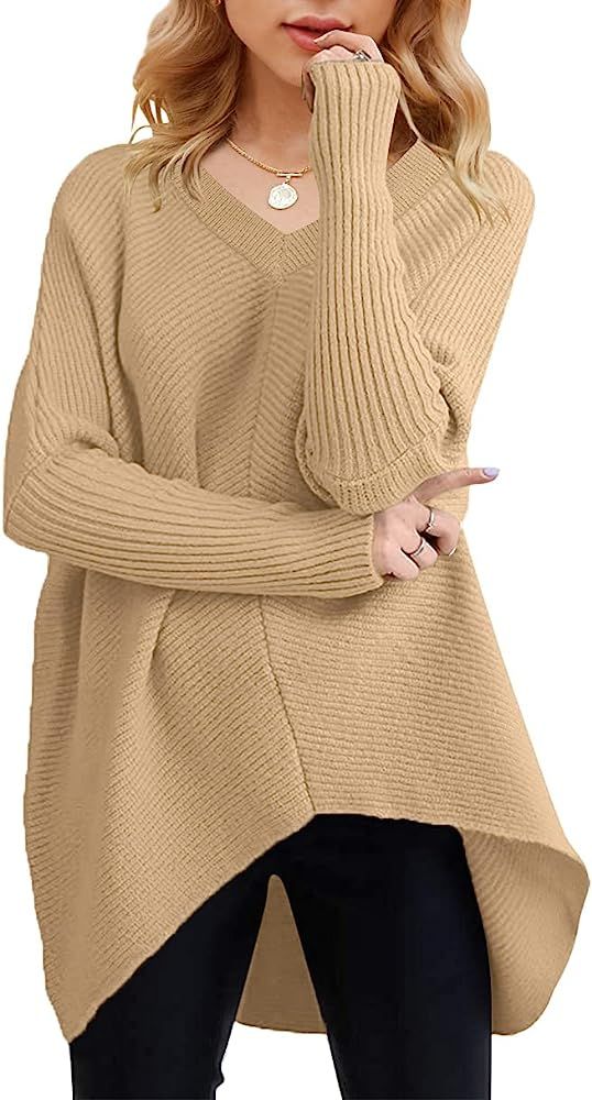 ANRABESS Womens V Neck Oversized Long Batwing Sleeve Asymmetric Hem Casual Pullover Sweater Knit Top | Amazon (US)