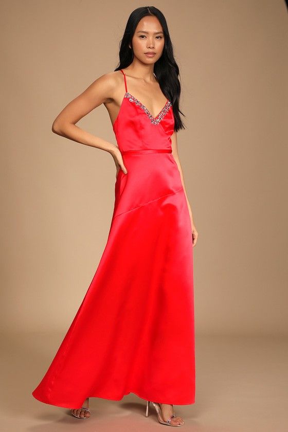 Red Satin Rhinestone Maxi Dress Red Dress Wedding Guest Dress Party Dresses Spring Dress | Lulus (US)