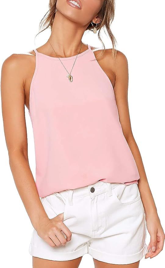 LouKeith Womens Tops Sleeveless Halter Racerback Summer Basic Tee Shirts Cami Tank Tops Beach Blo... | Amazon (US)