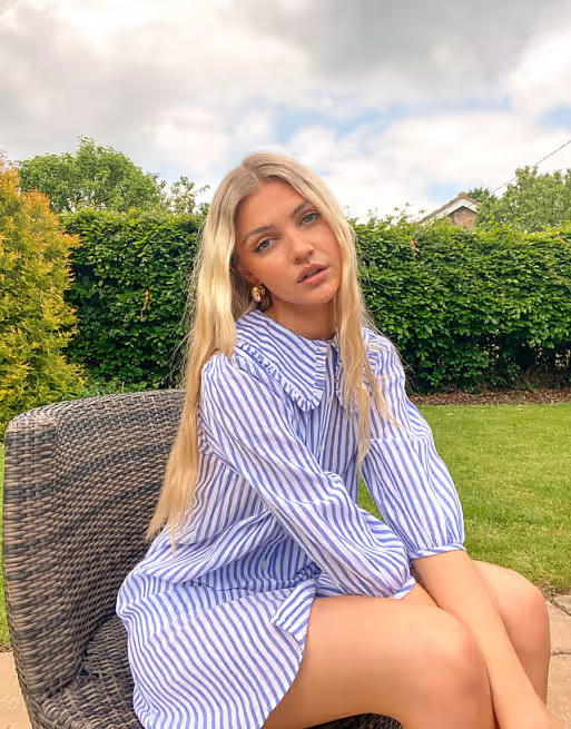 New Look collar detail shirt dress in blue cotton stripe | ASOS (Global)