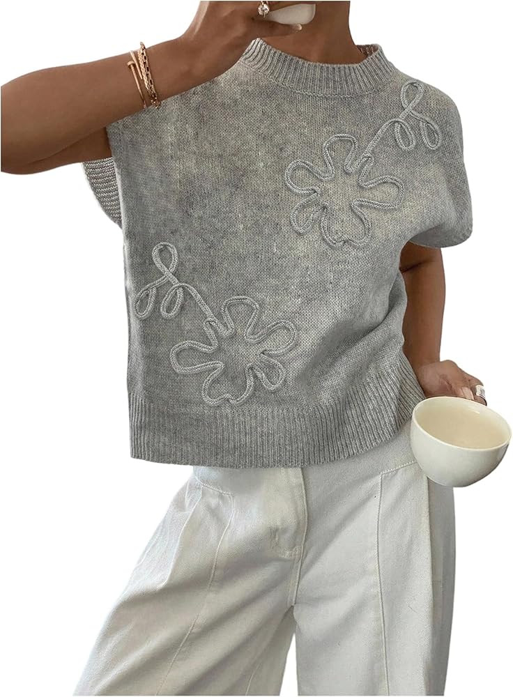 SOLY HUX Women's Ribbed Sweater Crew Neck Short Sleeve Loose Fit Floral Knit Pullover Tops | Amazon (US)