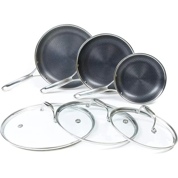HexClad 6 Piece Hybrid Stainless Steel Cookware Pan Set 8", 10", 12" with Glass Lids | Walmart (US)