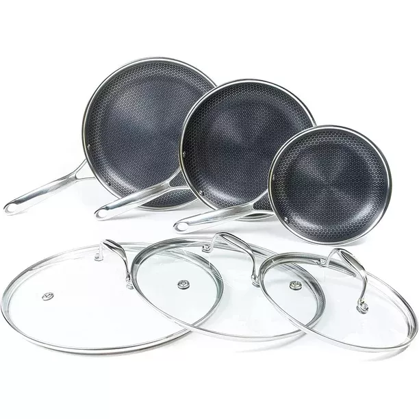 HexClad Hybrid Stainless Steel 6 Piece Frying Pan Set with Lids - 8, 10, 12  in for sale online