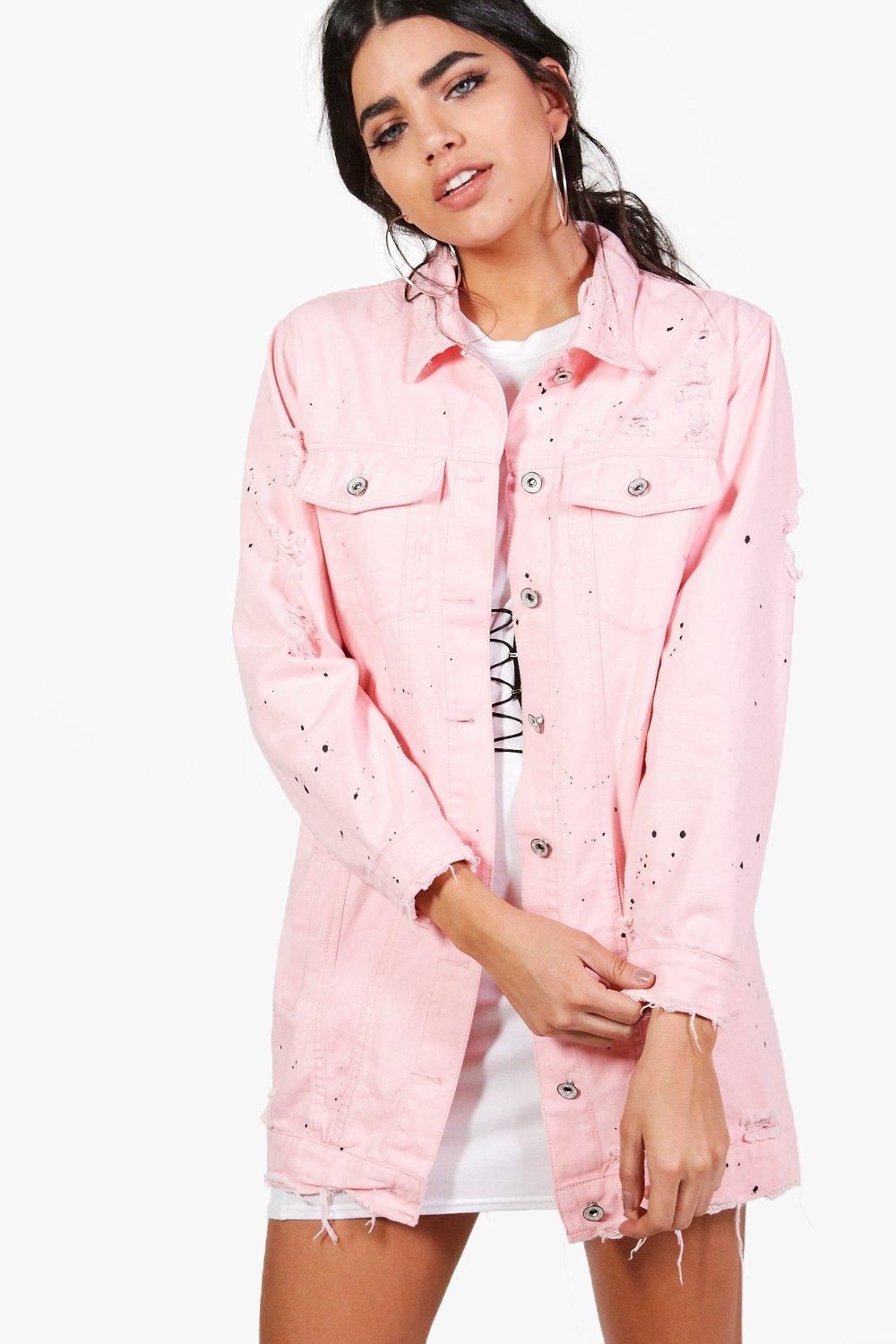 Jilly Longline Paint Splatter Jean Jacket pink | Boohoo.com (US & CA)