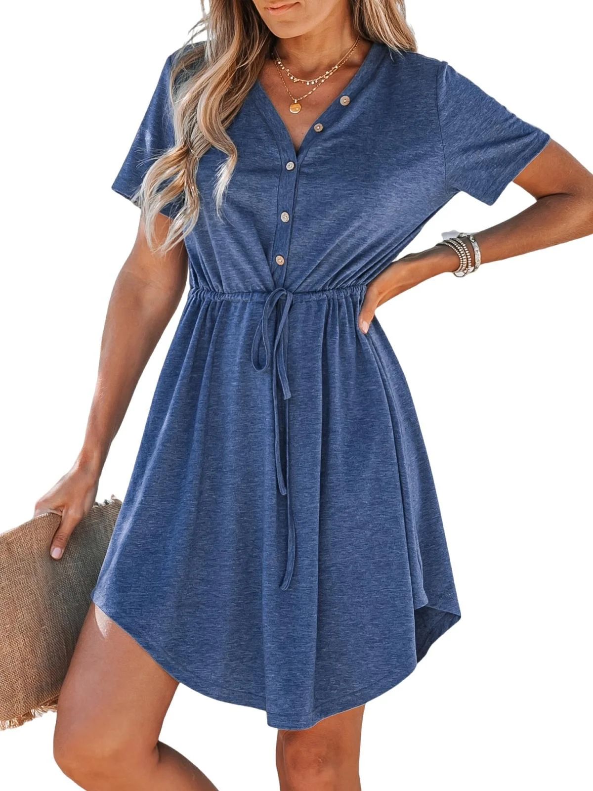 CUPSHE Women's Drawstring Button Front V-Neck Mini Dress Summer Casual Short Sleeve Day Dresses | Walmart (US)