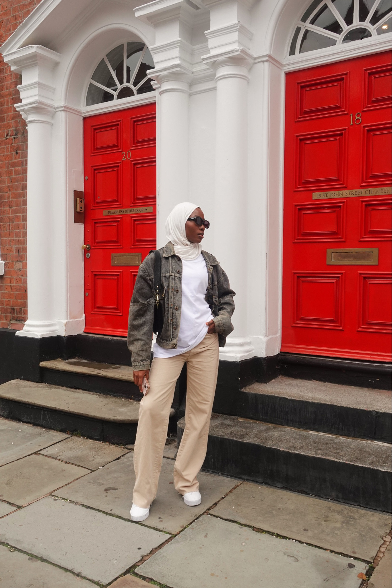 Day out in the city ootd! Denim jacket, straight leg jeans, neutral jeans, white long sleeve shirt, black bag, white trainers, black sunglasses, minimal style.  

#LTKeurope #LTKunder100 #LTKstyletip